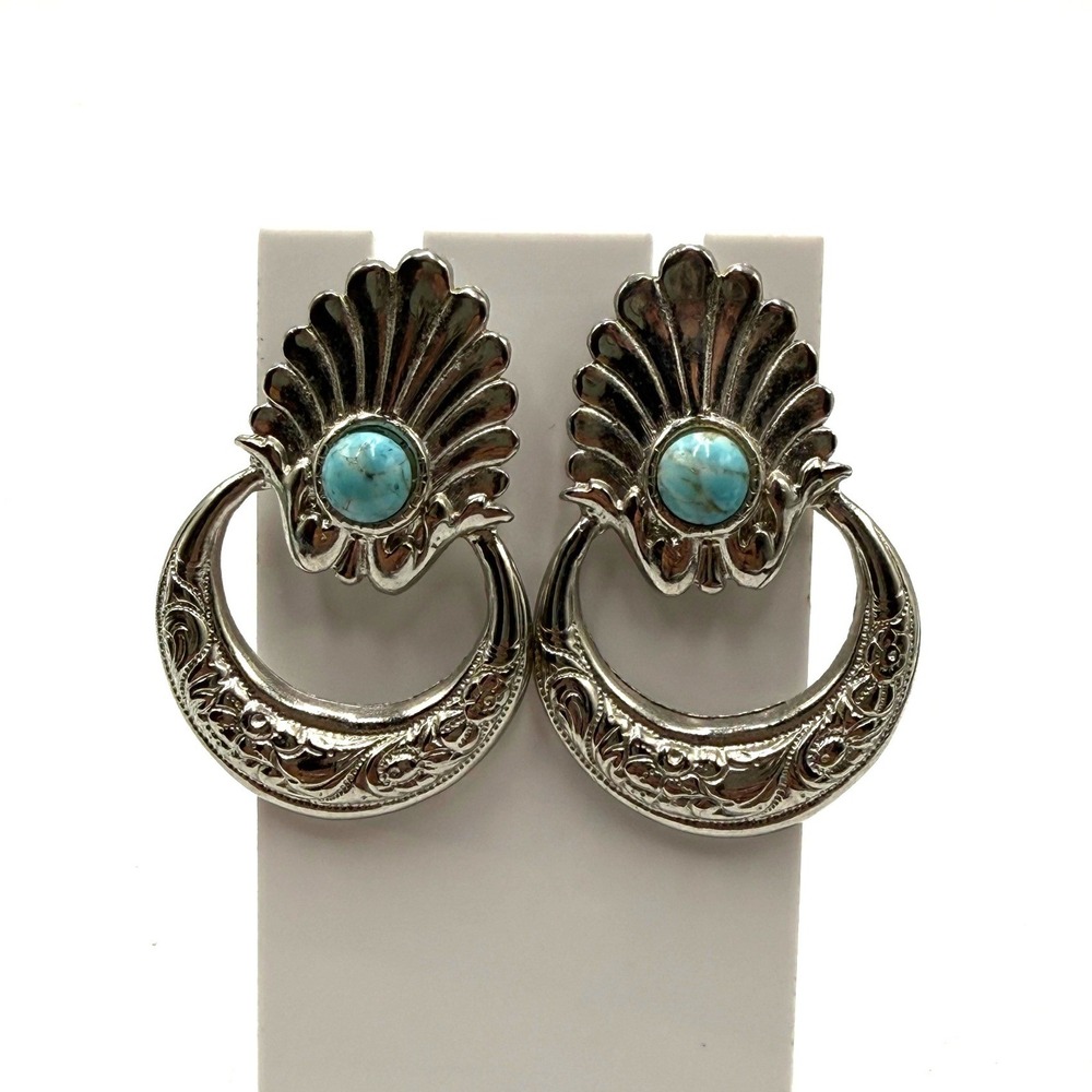 Western Silver Tone Turquoise Cabochon Scalloped Door Knocker Statement Earrings